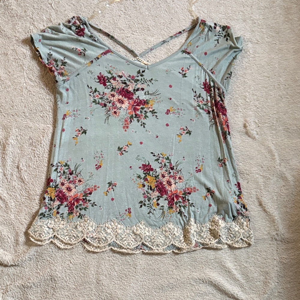 Rewind Floral Lace Trim Blouse - Green and Red